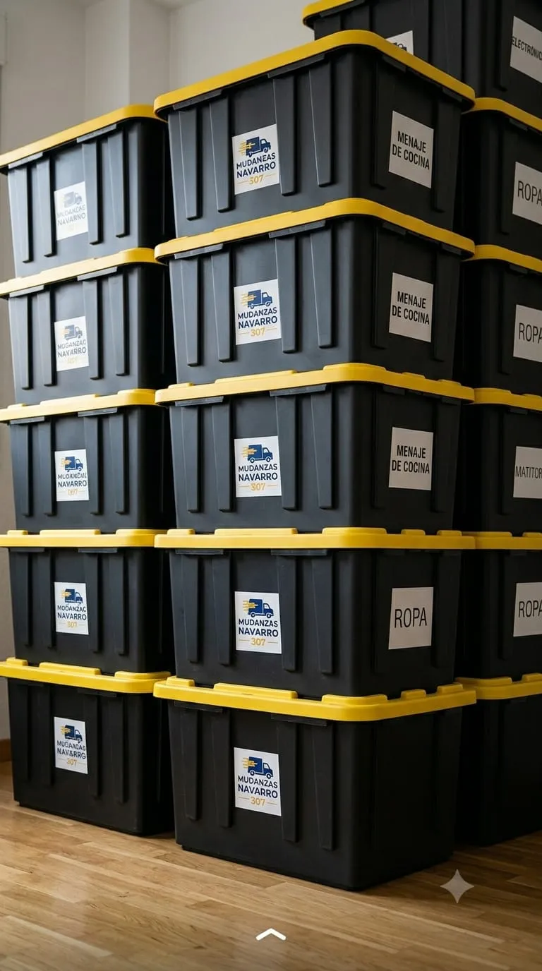 Cajas plásticas de Mudanzas Navarro 507 apiladas y rotuladas en un apartamento